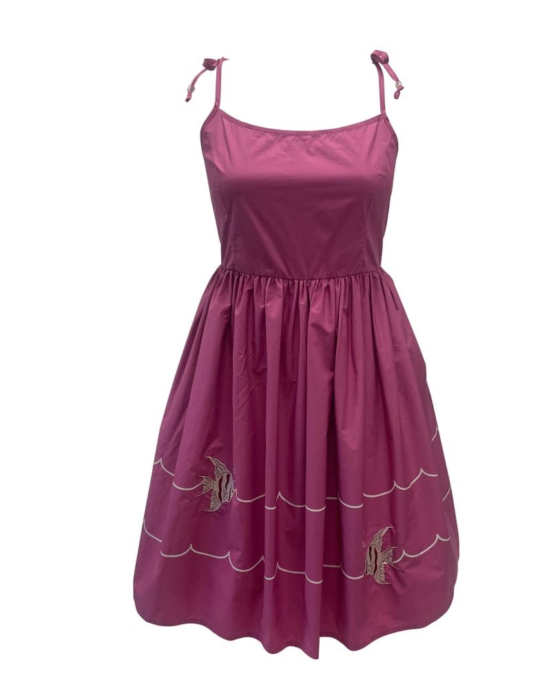 Front of a size 4X Unique Vintage Mauve Fish Embroidered Bobbie Swing Dress in Pink by Unique Vintage. | dia_product_style_image_id:298518